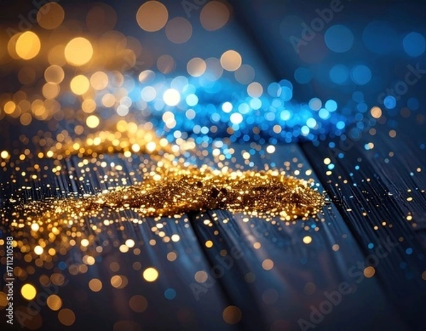 Fototapeta Sparkling Gold and Blue Glitter on Dark Wooden Background with Bokeh