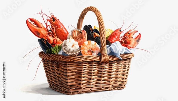 Fototapeta Generous basket of fresh seafood displayed beautifully with copy space for text isolated on white background
