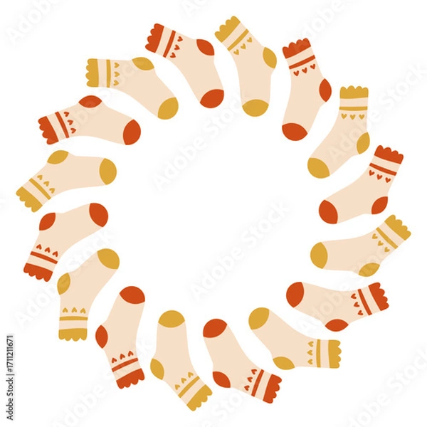 Fototapeta Autumn socks circle frame. Round border made of doodle hand drawn fall elements. Arranged in a circle for stickers, banners, cards, ads. Vector flat isolated on white background.