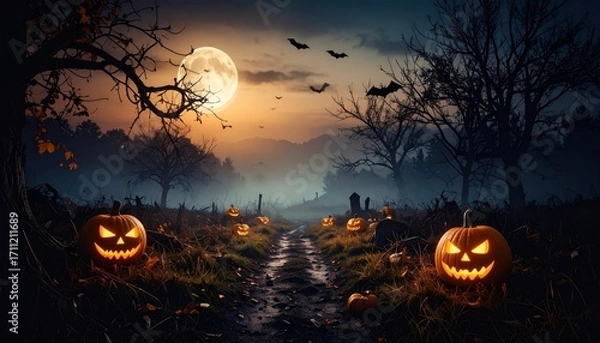 Obraz Spooky Halloween Graveyard Path at Night with Jack-o'-lanterns