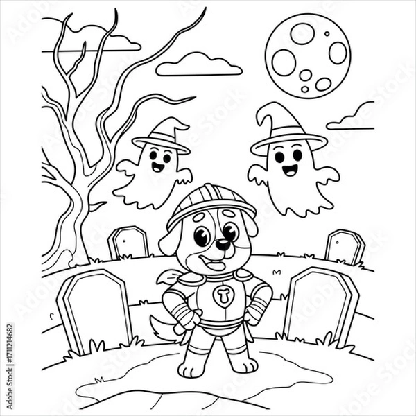 Obraz Spooky halloween coloring book page for kids featuring a friendly ghost and pumpkin design