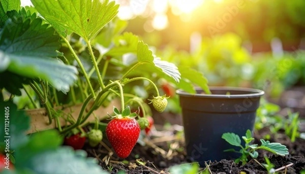Obraz Strawberry plants growing in a garden bed with ripe berries and a pot