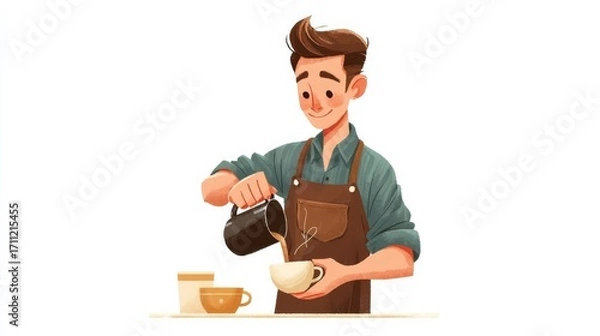 Fototapeta A cheerful person pouring coffee into a cup while holding another mug,