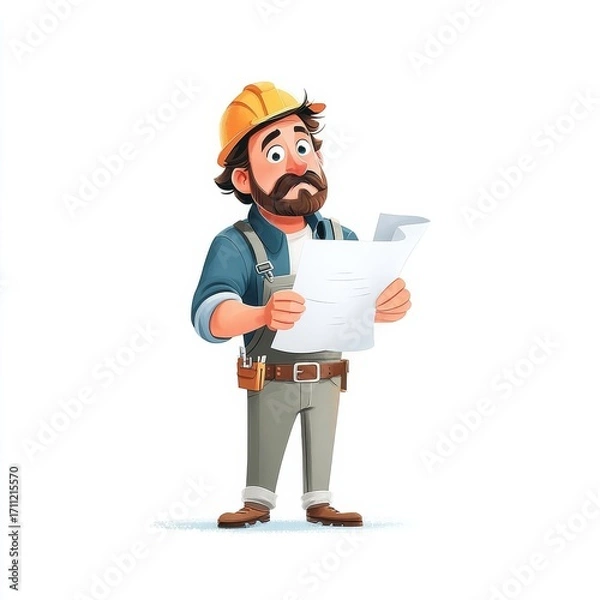 Fototapeta An animated construction worker in a yellow hard hat and blue shirt reviews plans with focus,