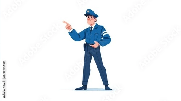 Fototapeta A stylized cartoon traffic officer in blue uniform and hat extends one hand to direct,