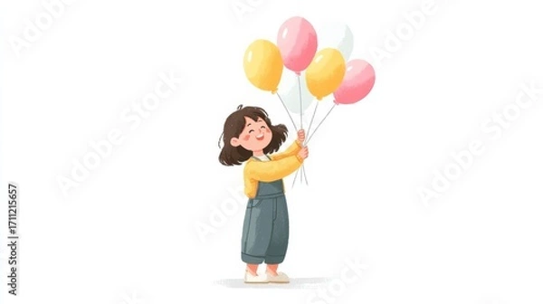 Fototapeta A joyful child in a yellow top and gray overalls holds colorful balloons with a bright smile,