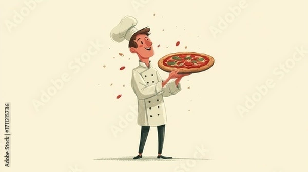 Fototapeta A cheerful cartoon chef in a white coat and hat proudly holds a freshly baked pizza topped with pepperoni and bell peppe