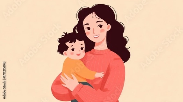 Fototapeta A mother with long dark hair gently holds her young child, both smiling warmly in a loving embrace,