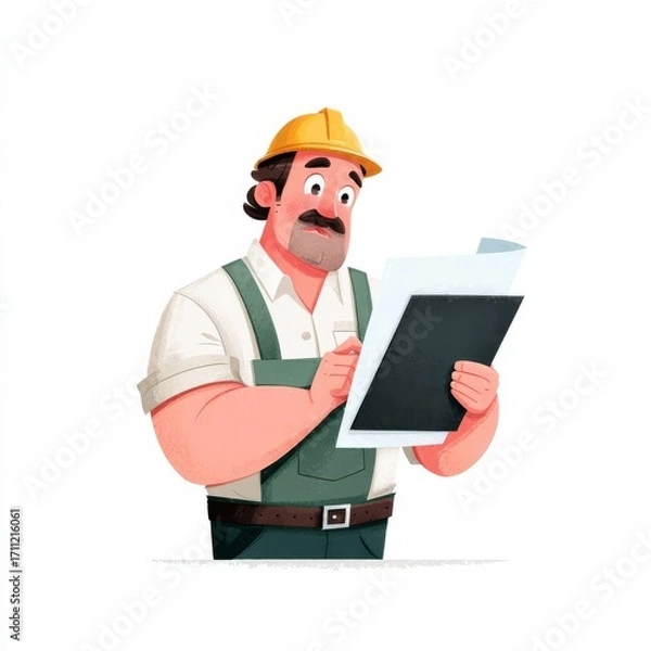 Fototapeta An animated construction worker in yellow hard hat and green overalls reads documents from a clipboard with focused dete