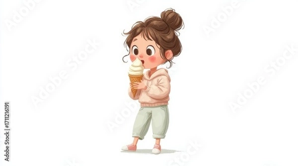 Fototapeta A cheerful young girl with light brown hair in a high bun smiles joyfully while holding an ice cream cone,
