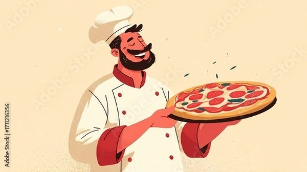 Obraz A cheerful chef proudly displays a freshly baked margherita pizza topped with tomato, mozzarella,