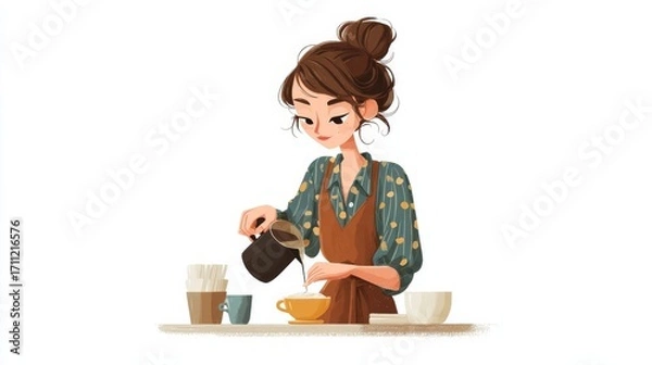 Fototapeta A woman with brown hair in a bun wears a green shirt with yellow patterns and an apron,