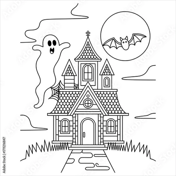 Obraz Spooky halloween coloring book page for kids featuring a friendly ghost and pumpkin scene