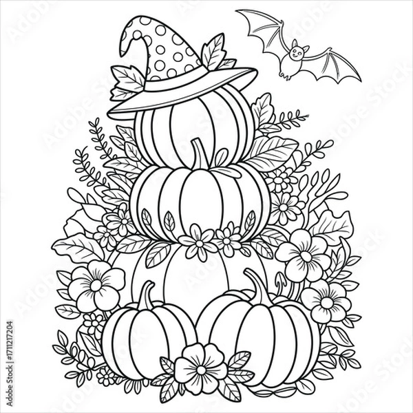 Obraz Spooky halloween coloring book page for kids featuring classic monsters and fun halloween elements