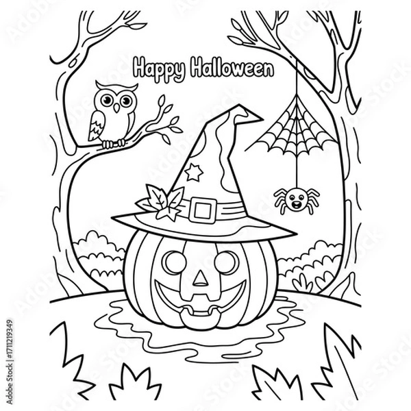 Obraz Spooky halloween coloring book pages for kids featuring classic monsters and fun scenes