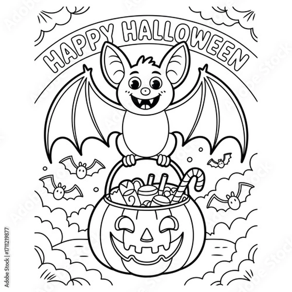 Fototapeta Fun halloween coloring book pages for kids featuring spooky and cute characters for creative activities
