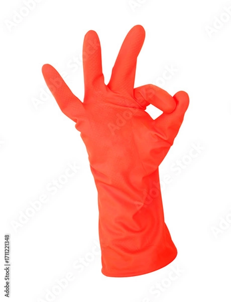 Fototapeta OK sign with a hand wearing an insulated glove on a white background