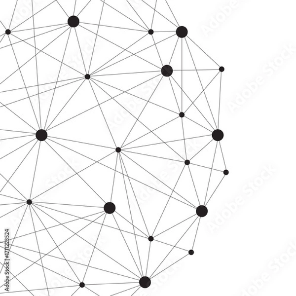 Fototapeta Global communication with network connection line. AI, big data, blockchain, cyber technology, and global communication with nodes and connections in geometric structure.