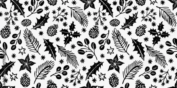 Obraz Black and white linocut style christmas pattern with holly pine cones and berries
