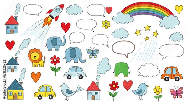 Obraz Assorted cartoon drawings featuring animals objects and speech bubbles