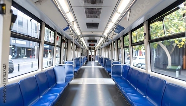 Obraz Empty light rail interior, blue seats, city view