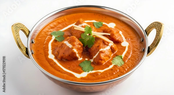 Fototapeta Vibrant orange butter chicken curry in a traditional copper karahi bowl with a swirl of cream and cilantro.