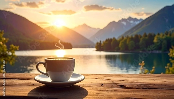 Obraz A steaming coffee cup sits on a wooden table overlooking a serene lake & mountain range at sunrise, creating a tranquil scene