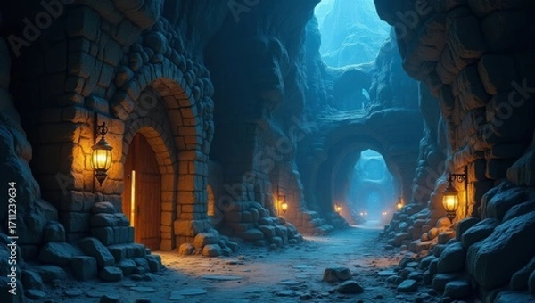 Fototapeta Ancient dwarven mining city carved into a crystal-filled mountain, lantern-lit tunnels snaking into the depths