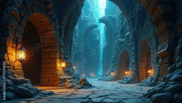 Fototapeta Ancient dwarven mining city carved into a crystal-filled mountain, lantern-lit tunnels snaking into the depths