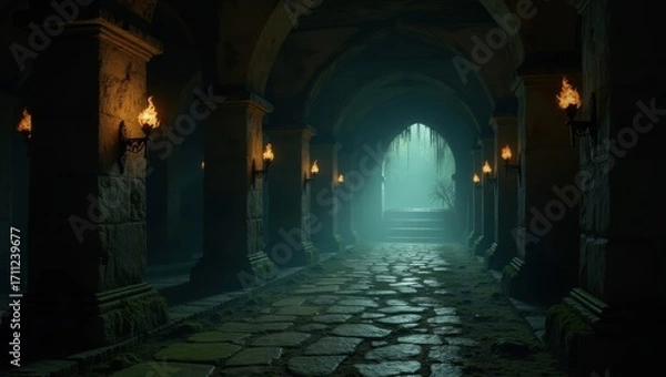 Fototapeta Crumbling dungeon hall with broken pillars, moss-covered floors, and faint whispers echoing in the darkness