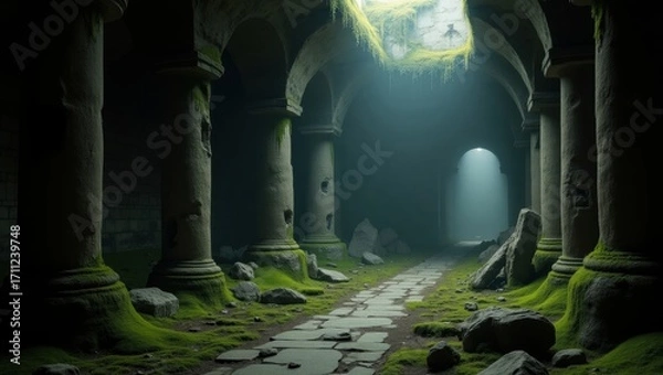 Fototapeta Crumbling dungeon hall with broken pillars, moss-covered floors, and faint whispers echoing in the darkness