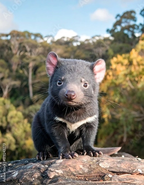 Fototapeta Cute baby Tasmanian devil in forest