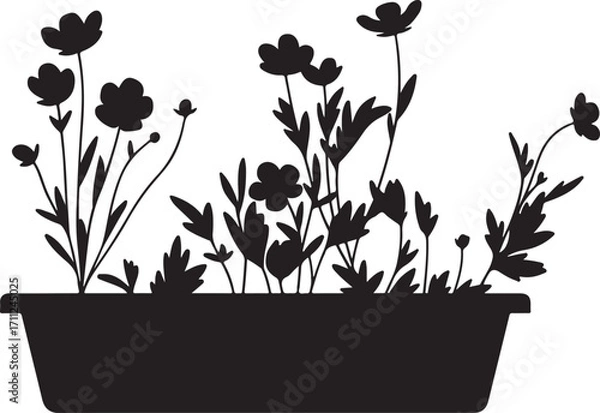 Fototapeta Flower Silhouette in a Planter: A minimalist silhouette of blooming flowers and lush leaves cascading out of a rectangular planter creates a serene and graphic image.