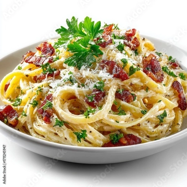 Fototapeta Creamy Spaghetti Dish with Bacon Bits and Fresh Parsley Garnish