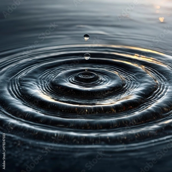 Obraz Water Droplet Creating Ripples on a Calm Surface at Sunset
