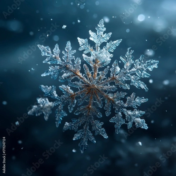 Obraz Intricate Snowflake with Unique Crystalline Structure on Dark Background