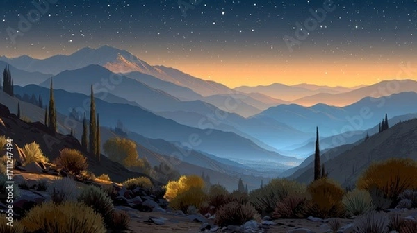 Obraz Majestic Mountain Landscape at Twilight with Starry Night Sky