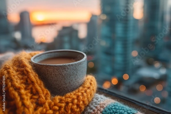 Obraz Cozy Cup of Coffee with Sunset View Over Cityscape Background