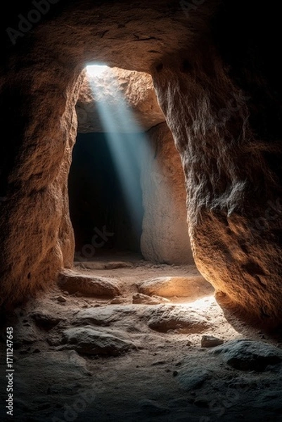 Obraz Light Beams Streaming Through Cave Entrance into Dark Stone Interior