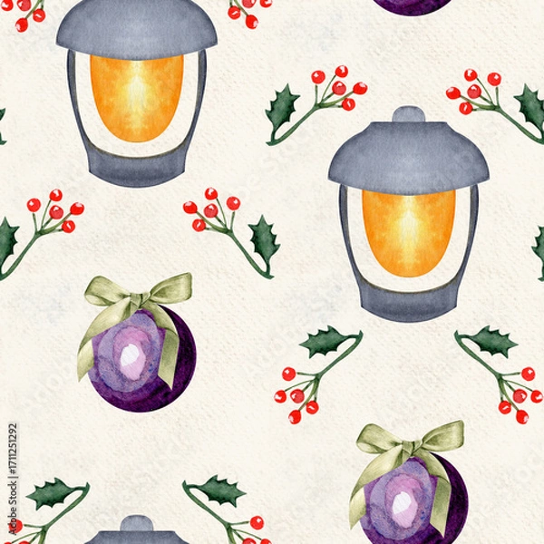 Fototapeta Glowing lanterns, red holly berries and glass baubles watercolor seamless pattern on textured background. Ideal for wrapping paper, fabric, festive backgrounds, holiday decor, seasonal craft projects