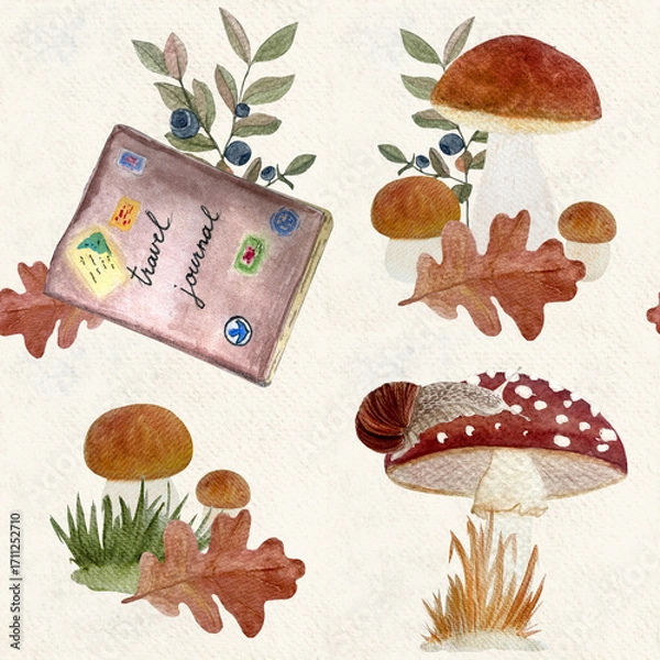 Fototapeta Travel journal, mushrooms, oak leaves, blueberry branches watercolor seamless pattern isolated on textured paper. Hand-painted autumn design ideal for fabric, wrapping paper, seasonal stationery