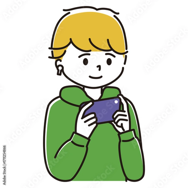 Obraz ワイヤレスイヤホンをつけてスマホでゲームをする男性のイラスト