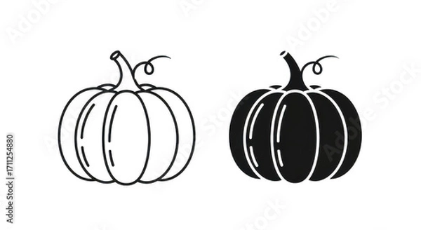 Obraz A simple line drawing and a solid silhouette of a pumpkin with a stem and curly vine isolated on transparent background