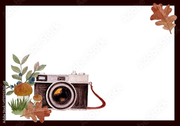 Fototapeta Vintage camera, mushrooms, oak leaves, and blueberry branches watercolor frame on white background with dark border. Rustic autumn template perfect for invitations, greeting cards, and seasonal notes