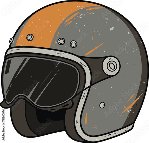 Fototapeta Distressed Gray and Orange Motorcycle Helmet with Dark Visor and Rivet Details