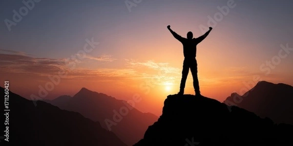 Fototapeta Silhouette of a person atop a mountain with arms raised, against a vibrant sunset sky with mountains in the background