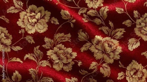 Obraz Red fabric with gold floral pattern
