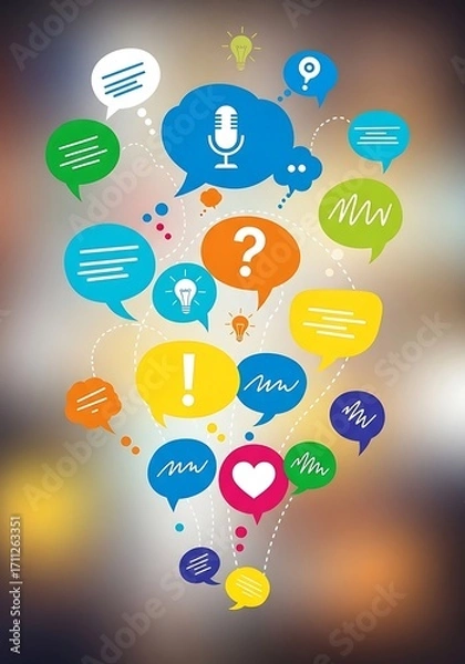 Fototapeta Colorful speech bubbles with icons for communication and discussion concepts