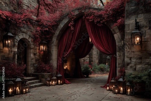 Fototapeta Crimson vine draping over stone arch