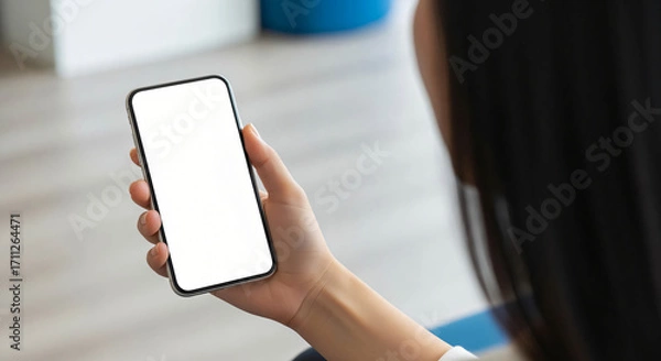 Fototapeta Woman Holding Blank Smartphone Screen for App Mockup